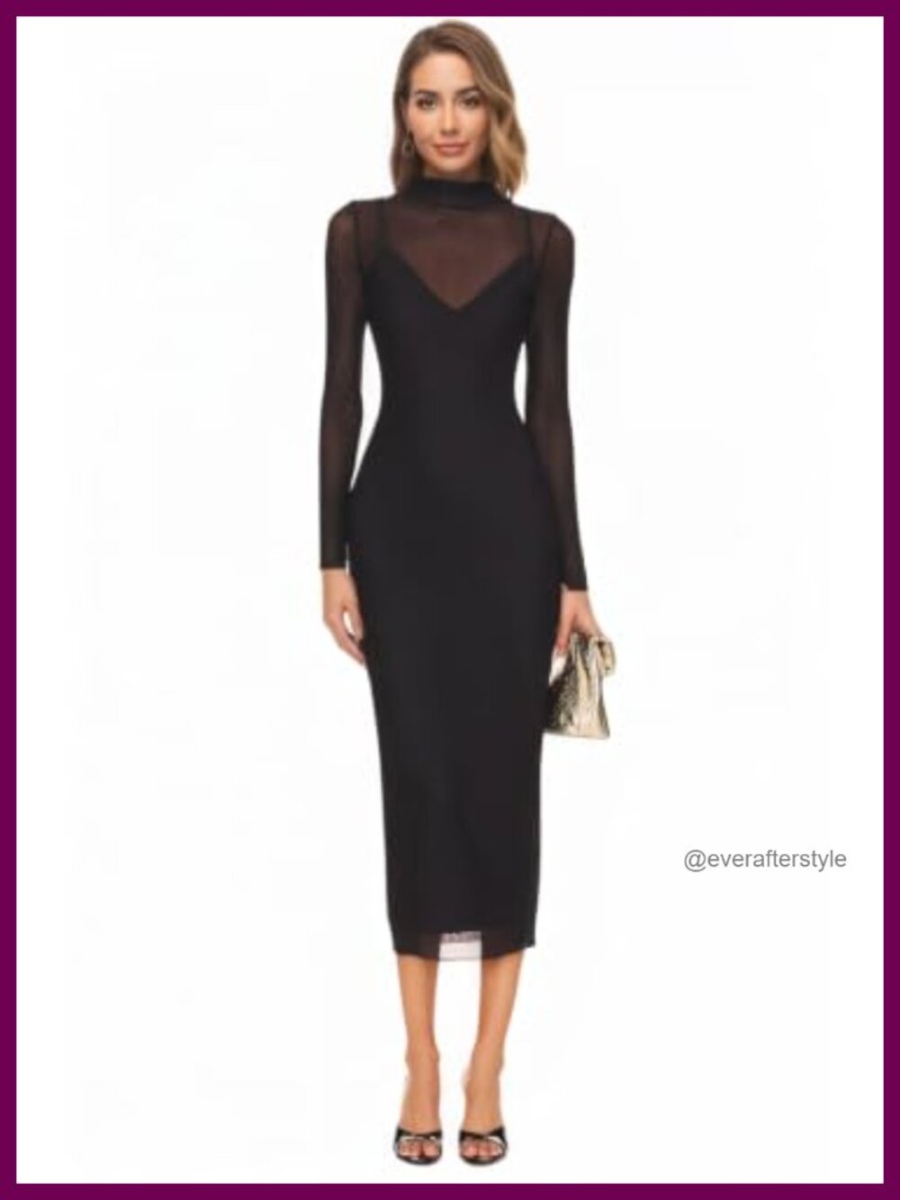 Women's 2 Piece Mesh Midi Dress Set Mock Neck Sheer Bodycon Cocktail Dress